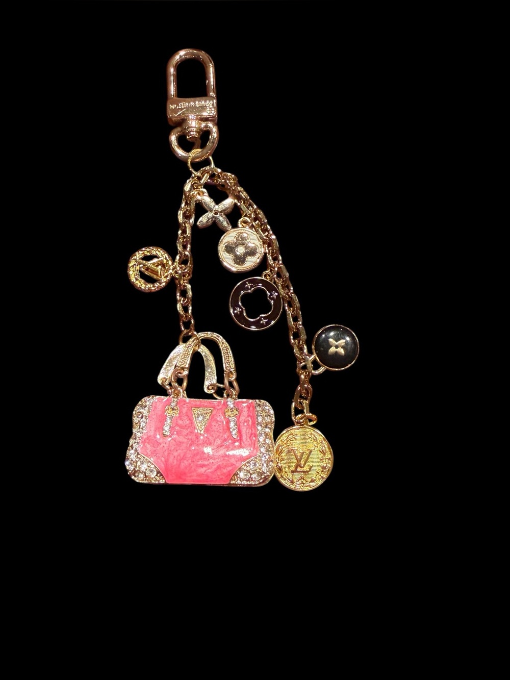 Upcycled LV Gold-tone Charm Keychain with Pink Purse Charm